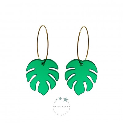 PENDIENTES ARO MONSTERA VERDE