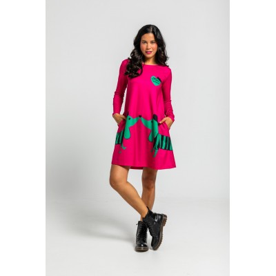 VESTIDO CORTE A DE ESTAMPADO DE PERRITOS FUCSIA Y VERDE