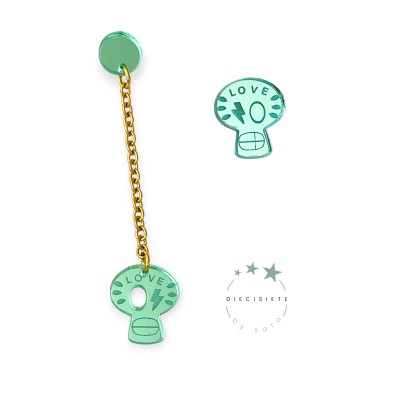 PENDIENTES ASIMÉTRICOS CADENA Y CALAVERAS VERDES