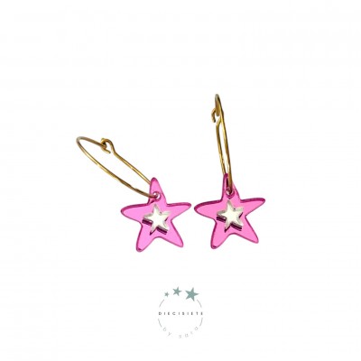 PENDIENTES ARITO DOBLE ESTRELLA ROSA Y PLATA