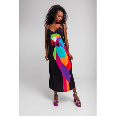 VESTIDO LENCERO NEGRO CON LORO MULTICOLOR-AL LORO