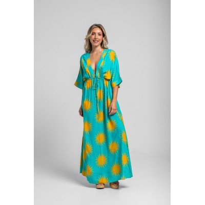 VESTIDO LARGO CORTE IMPERIO MANGA KIMONO TURQUESA Y SOLES AMARILLOS- OH SOLE MIO