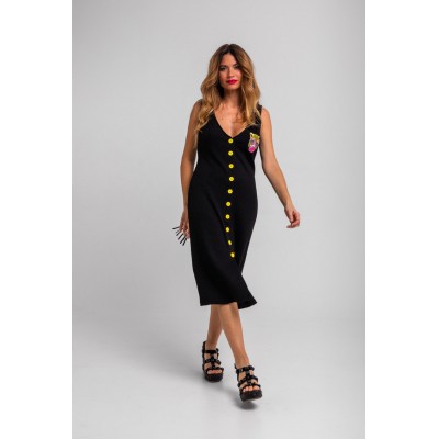 VESTIDO MIDI CANALÉ SIN MANGAS ABOTONADO NEGRO CON PANTERA