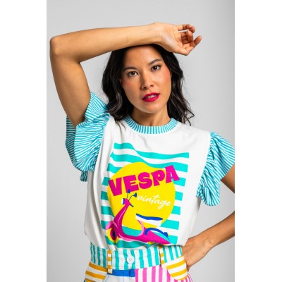 CAMISETA VOLANTES BLANCA CON VESPA-DOLOR FAR NIENTE