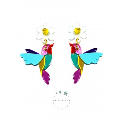 PENDIENTES FLOR Y COLIBRÍ MULTICOLOR